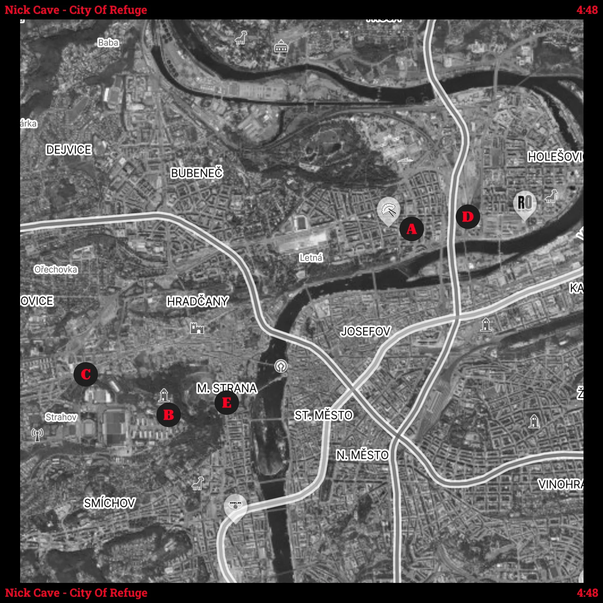 Mapa závodu City Of Refuge – start a cíl v Acid Coffee v Holešovicích a čtyři kontrolní body na Petříně, Dlabačově a v Bubnech